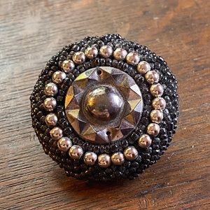 Vintage black beaded circle button pin brooch